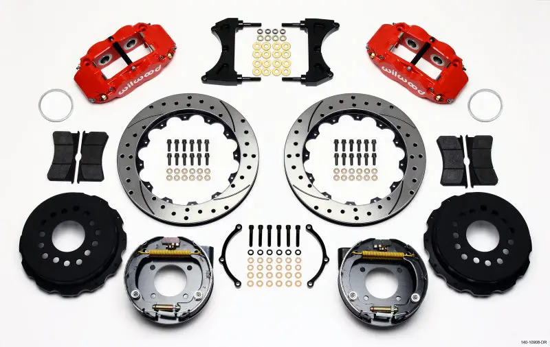 Wilwood Narrow Superlite 4R Rear P-Brk Kit 12.88In Drilled Red Chevy 12 Bolt W/ C-Clips Staggered Mt 1