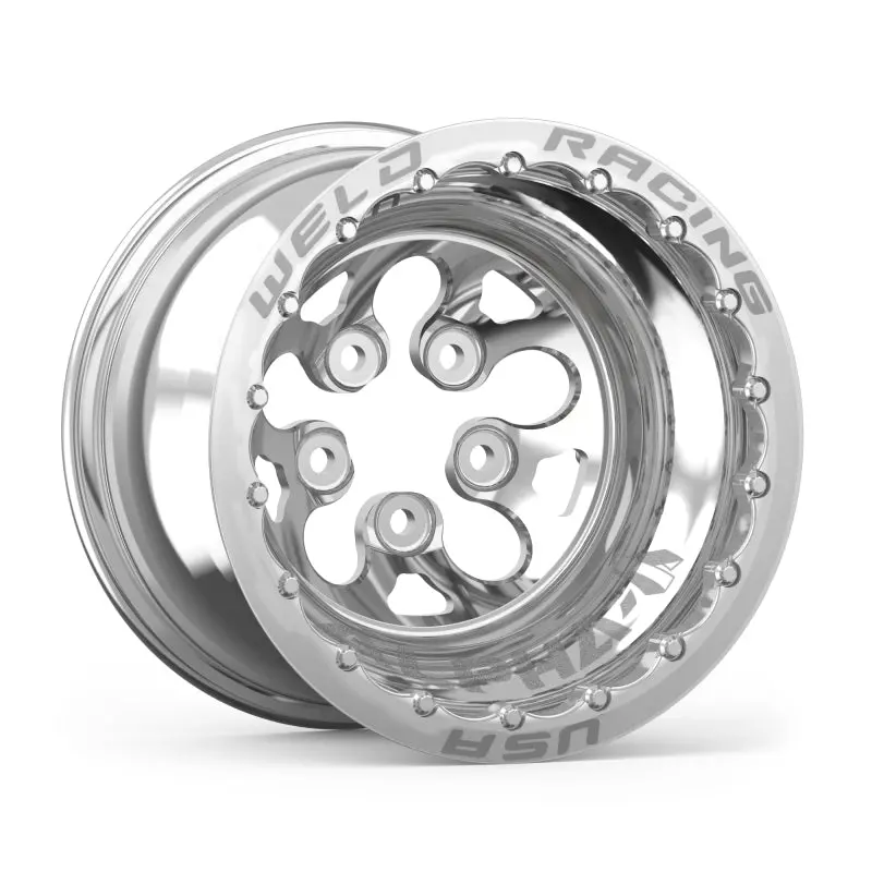 Weld Alpha-1 Polished Double Beadlock Drag Wheel: 15X12", 5X4.75", +3" Backspace, Mt-Style 1